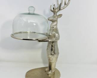 Stylish Silver Deer holding a tray with Glass Cloche.