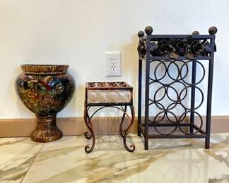 Decorative Home Accessories Lot - Elegant Hand-Painted Vase, Stylish Stand, and Decorative Table.