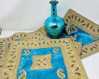 Decorative Teal Embroidered Tabletop Set with Decanter