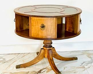 1930s Duncan Phyfe Style ~ Leather Top Rotating Library Drum Table