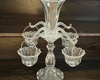 Crystal Bohemia Flower Holder/ Epergne Centerpiece- Aristocratic Luxury to grace your table. Glass arms float from a fluted frame on the center stem, and four hanging baskets are calling out for flowers, fruit or nuts