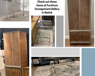 We have some items at Furniture Consignment Gallery in Natick. (1) Two Hickory White Custom Tall Cabinets in Drifted Wood with Silver Trim; (2) Shalimar Wool Rug 8'x10'; (3) Pair of swivel adjustable counter height stools in faux Leather at 34"H at its tallest. (4) Side table - two glass shelves with stainless steel in a floating look. 