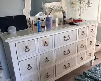 Tommy Bahama deluxe dresser with mirror. Used - Good condition. White with cane accent.