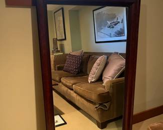 $60. Wood framed mirror - vintage. 33.25w" x 55.75"h. Strung to hang vertically but can be switched to hang horizontally.