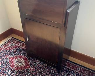 $220. Antique Liquor Cabinet - art deco style. Age appropriate as found spots. 23"w x 14"d x 40.5"h. Interior photos next.