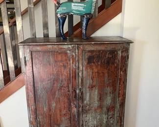 $380. Vintage "distressed" cabinet. 33.25"w x 13"d. x 48"h. Interior photo follows. Available for online buying Wednesday per instructions in sale details.