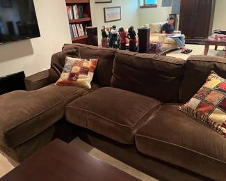 $540. brown Velvet Sectional. Overall 108"w x 37.5" deep x 30.25"h. Chaise portion is 65.5"d. Chaise portion separates for moving and is 34"w. Sofa part is 74"wide.