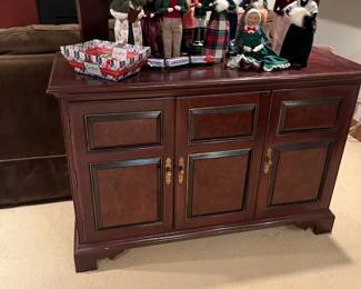 $130. Ethan Allen media cabinet - vintage. 47.5"w x 20"d x 32"h. Interior photo next. Simpich and Byers dolls available during in-person shopping.