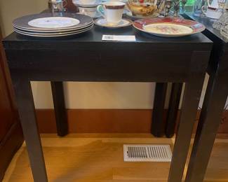 $190. Pair of Ethan Allen black stained wood tables. 26"w x 20"d x 31"h. each table.