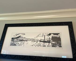 Steven Z. Kennel artist Proof "Tahoma & Creosote Plant". Woodcut with frame by artist. 39.75" x 20"h