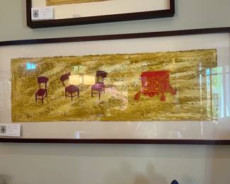 $360 Daniel Voramar "Tres Sillas Rojo". Framed 19"h x 43"w. Available for online buying Wednesday per instructions in sale details.
