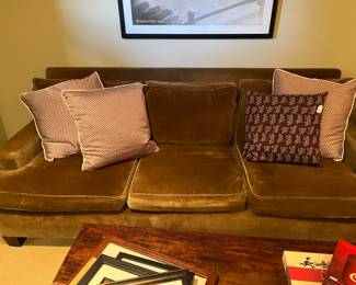 $120. Velvet three cushion sofa. as found - some fading on front cushion and newer inserts would improve comfort. 85"w x 38"d x 32.5"h.