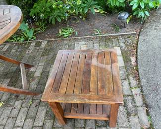 $48. Teak table with one shelf. 17" sq. x 19.5"h. Available for online buying Wednesday per instructions in sale details.