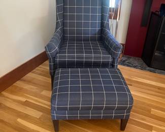 $540. Windowpane check Ethan Allen blue chair and ottoman. 32"w x 29"d x 43"h. Ottoman is 27"w x 13" d x 48"h. Available for online buying Wednesday per instructions in sale details.