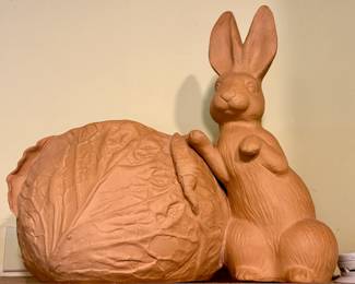 Cabbage and Leaning Rabbit Figurine