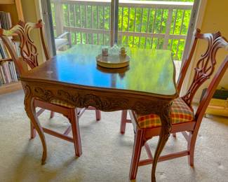 Carved Dining Table with Cabriole Legs and Two Dining Chairs with Cushioned Seats