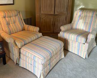 Hickory Kay Lynn Striped Arm Chairs and Ottoman