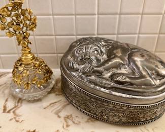 Oval, Silver Finish, Metal Lion, Trinket Box and Gold/Glass Perfume Bottle