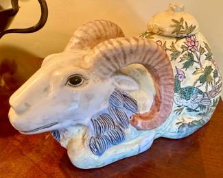 Porcelain Ram with Floral "Jar"