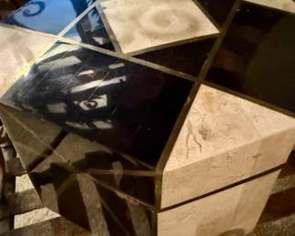 Inlaid Geometric Pattern Stone Box with Gold Accents