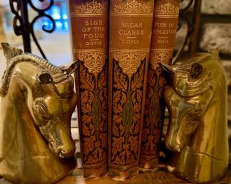 Vintage Hardcover Books by Sir Arthur Conan Doyle and Brass Horse Head Bookends