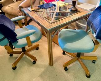 Bamboo Style Card Table with Glass Insert/Two Blue Upholstered Office Chairs on Wheels