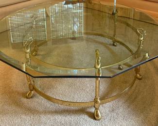 Octagonal Brass Glass Top Coffee Table with Swan Embellishments