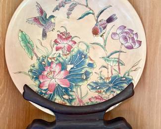 Asian Inspired Plate and Stand Featuring Birds and Flowers