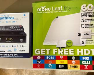 Mohu Leaf Fifty Indoor HDTV Antenna and Ematic AT 103B Digital TV Converter Box