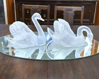 Large French Lalique Swimming Swans Centerpiece