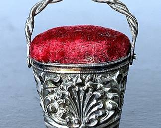 Small antique silver basket pin cushion