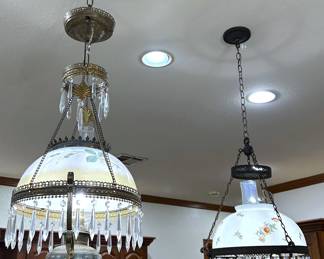 Antique Parlor Hanging Oil Lamp Light Fixtures which have been converted to being electric