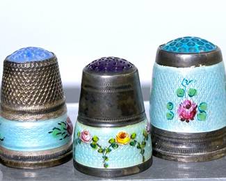 Antique German silver and enamel thimbles with semi-precious stone domes