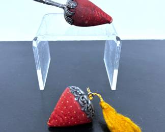 Antique Sterling & Fabric Strawberry Pin Cushions
