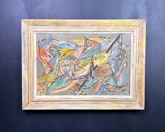 Mid century abstract painting by Native American Artist. Signed Mankiller which is a Cherokee Surname.