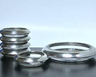 Vintage mid century sterling silver over glass drink coasters and a wine bottle coaster