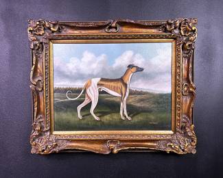 Oil on canvas still life painting of a whipper dog