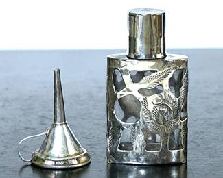 Mexican Sterling Silver Overlay Perfume bottle with sterling silver funnel with mother of pearl trim