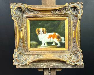 Oil on canvas painting of a red terrier