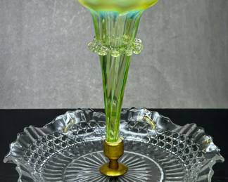 Antique Epergne with Hand Blown Uranium Glass Vase