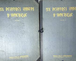 Rare two volume books, Les Peintres Indiens D'Amérique American Indian Painters by Oscar Brousse Jacobson (1882-1966) in 1950 and his French born wife, Sophie Brousse (her pen name being Jeanne D'Ucel. . There are both in French and English. Jacobson though Swedish born, majority of his career as a painter and music curator was in the US. He was the director of Art at the University of Oklahoma from 1915 to 1945.