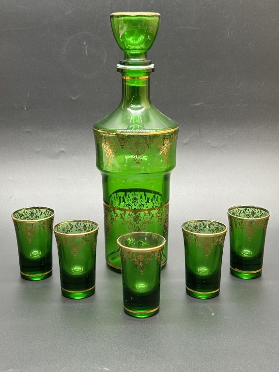 Vintage Italian Decanter Set Emerald w/ 22k Gold