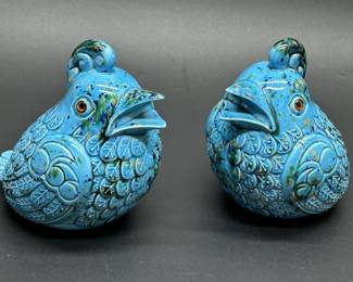 Pair Turqouise Blue Ceramic Baby Bird Figurines