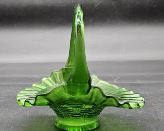 Vintage Green Glass Ruffled Handled Basket