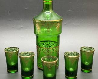 Vintage Italian Decanter Set Emerald w/ 22k Gold