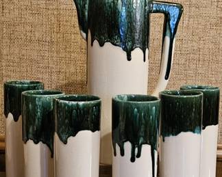 (7) Ceramic w/ Green Drip Glaze Bar Pitcher Set
