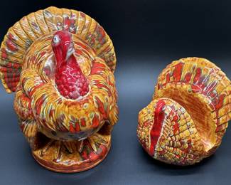 (2) Ceramic Turkey Lidded Dish & Napkin Holder