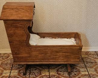 Reproduction Wooden Doll Cradle w/ Bedding