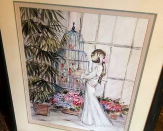 Lovely signed print of girl with birdcage