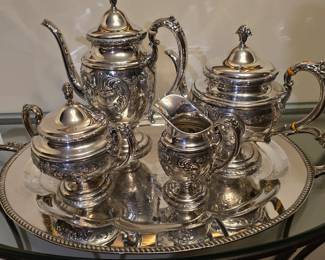 Towle "Olde Master" Tea Service. 4 pc are 5.027lbs. Tray is silver plate.